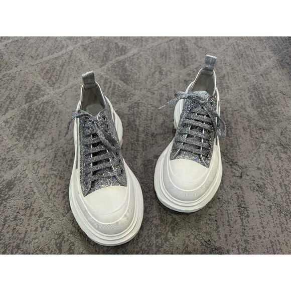 Alexander McQueen Tread Slick Lace Up Holo Silver Glitter Sneakers EU 38 - Picture 2 of 11